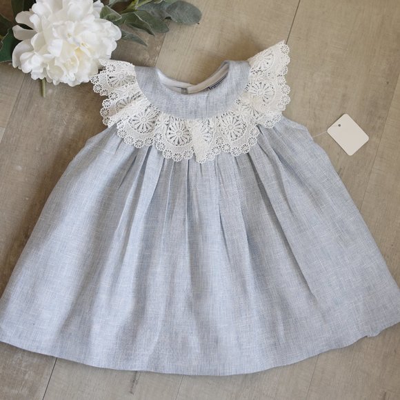 Blue Linen Float Dress Crocheted Lace Collar The Bailey Boys Boutique 3 Months - Picture 1 of 6